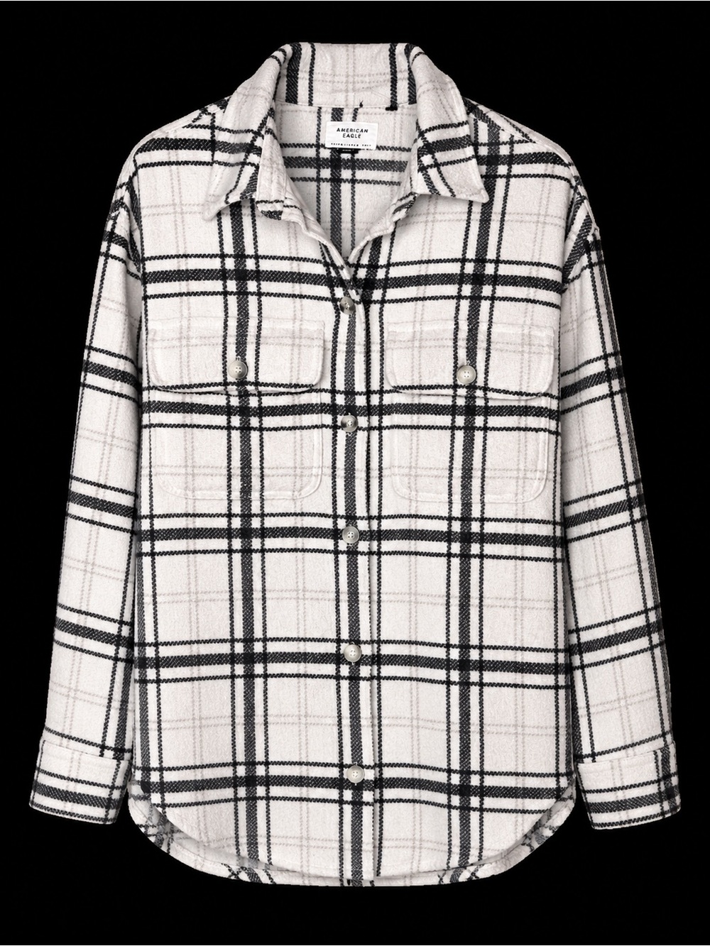 American Eagle Women’s Large Plaid Shacket Cream Black Button Shacket